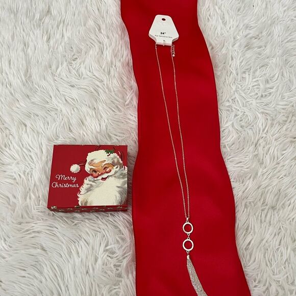 Silver long chain necklace 24” circle hoops rhinestones  tassel NEW - Picture 3 of 8